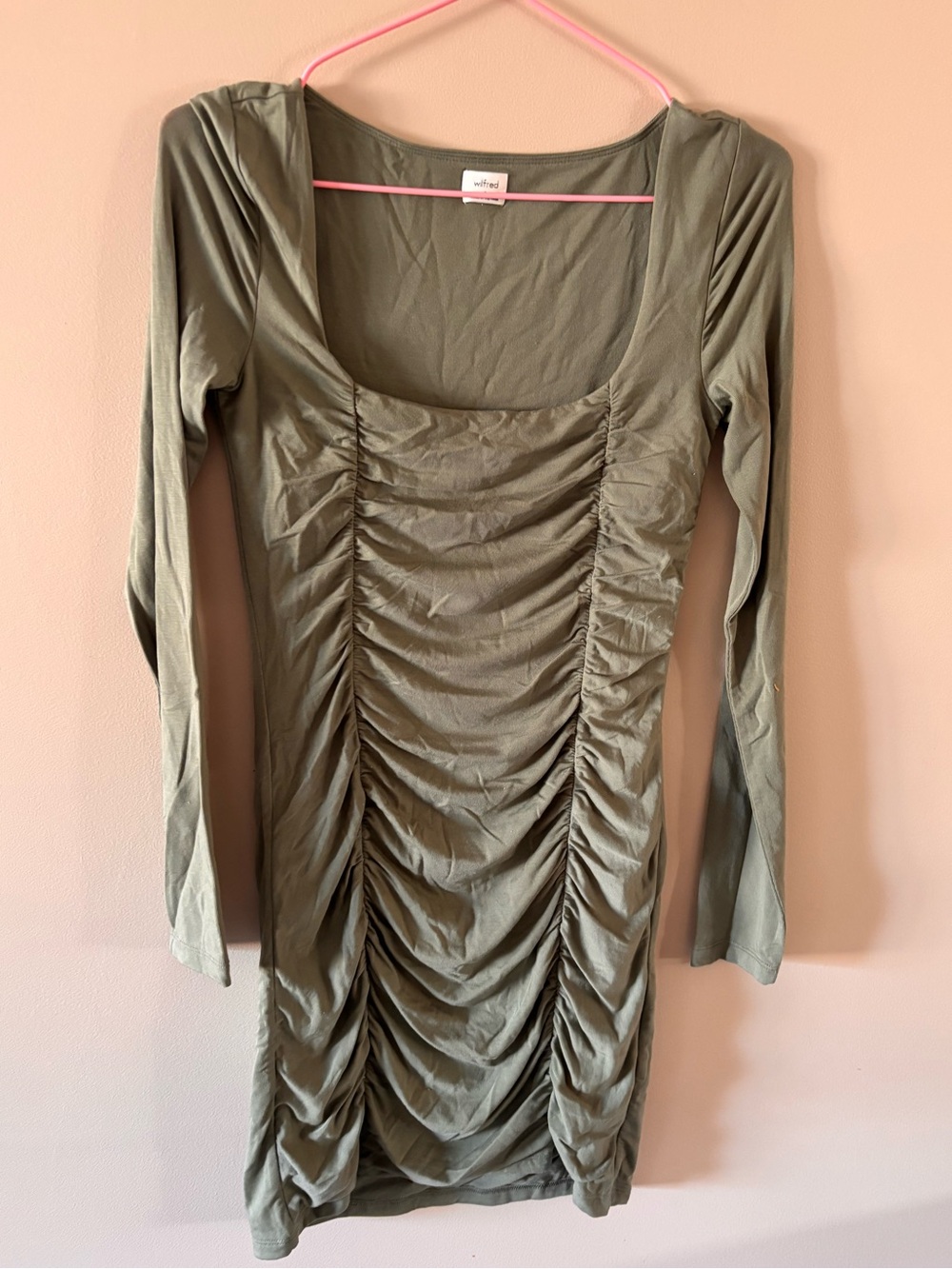 Wilfred Ruched Olive Green Long Sleeve Dress